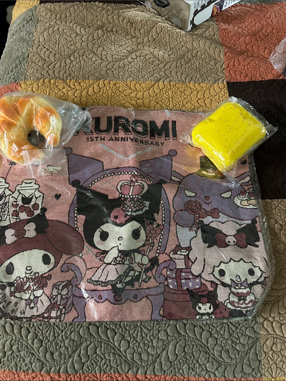 15th Anniversary Pink Character tote bag, pin and two squishy